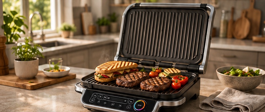 Geöffneter Kontaktgrill mit Gemüse und Grillgut