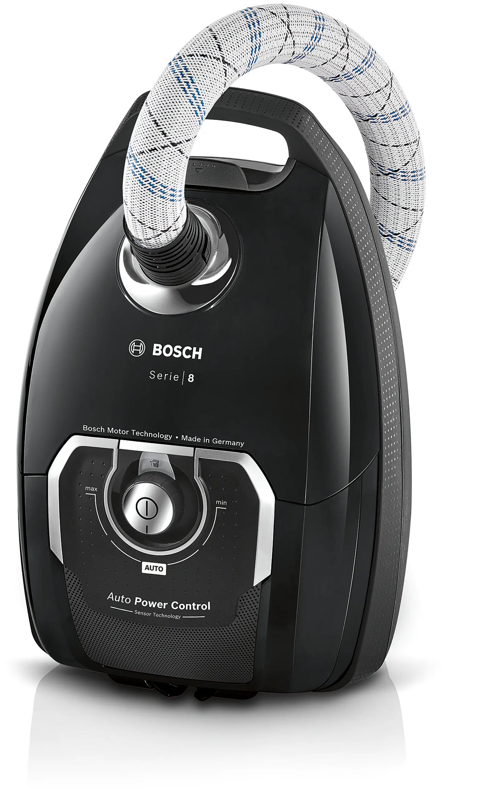 Bosch Serie 8 Bodenstaubsauger mit Beutel auf hellem Hintergrund