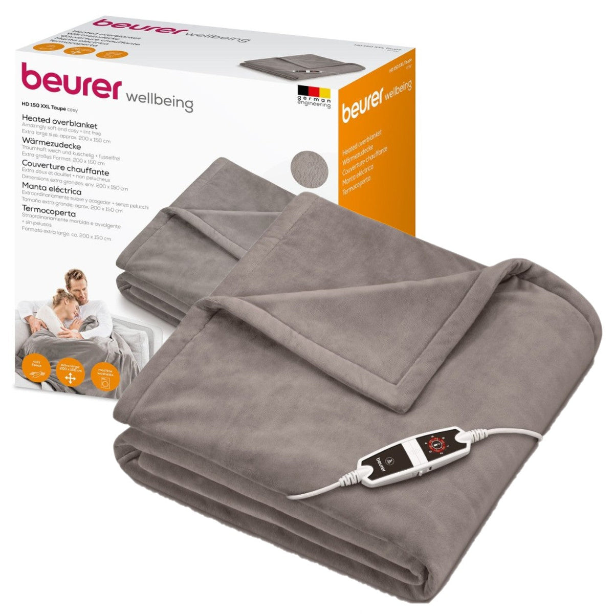 Beurer HD 150 XXL Cosy Taupe Wärmezudecke mit Controller und Verpackung