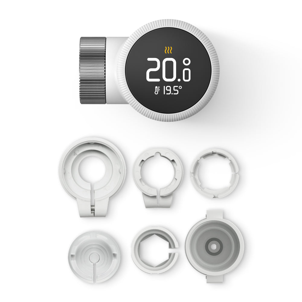 tado Smartes Heizkoerper-Thermostat X mit Verpackungsinhalt als Produktfoto