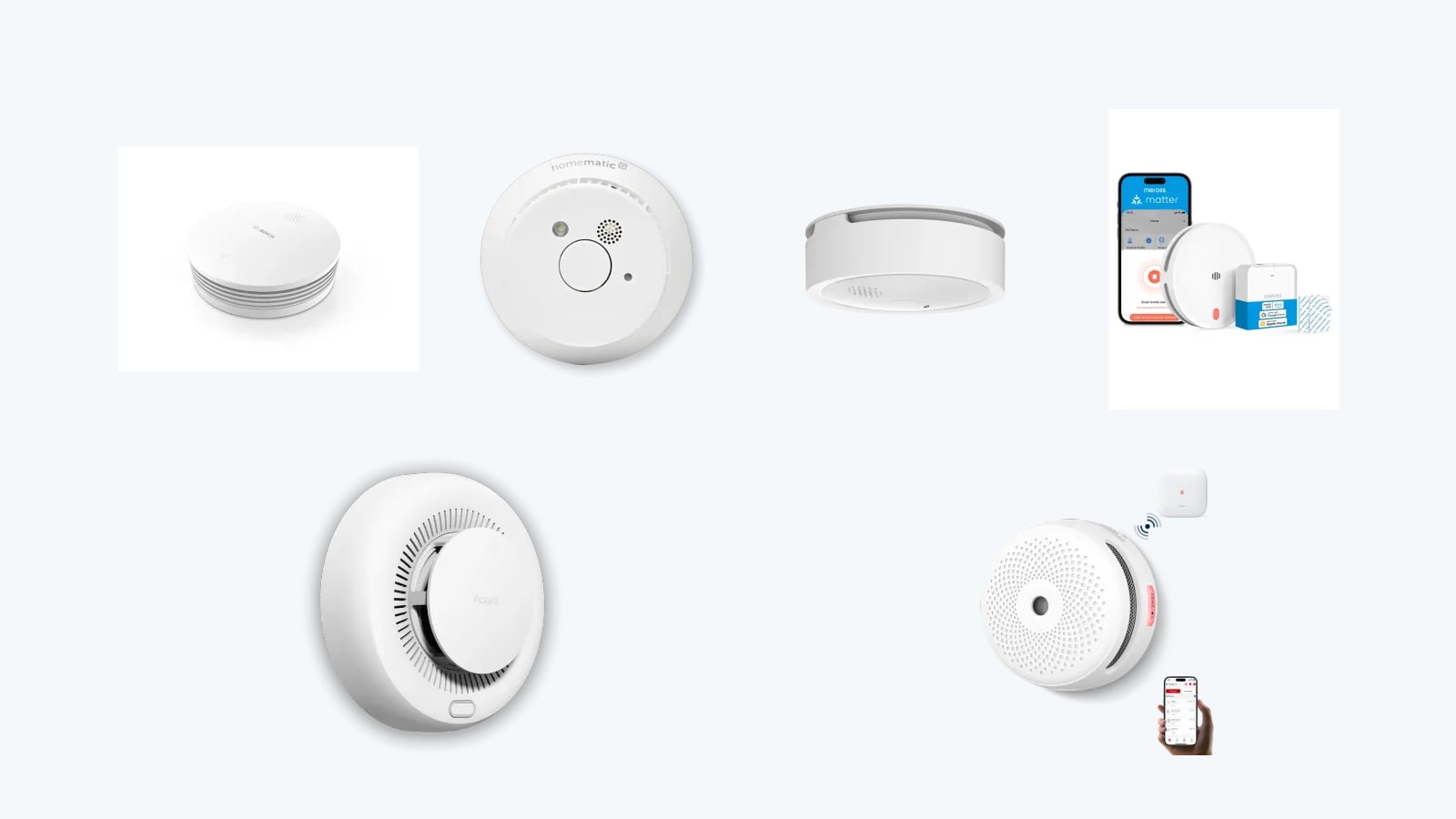 Produktcollage smarter Rauchwarnmelder von Bosch, Homematic IP, Shelly, Meross, Aqara und X-Sense