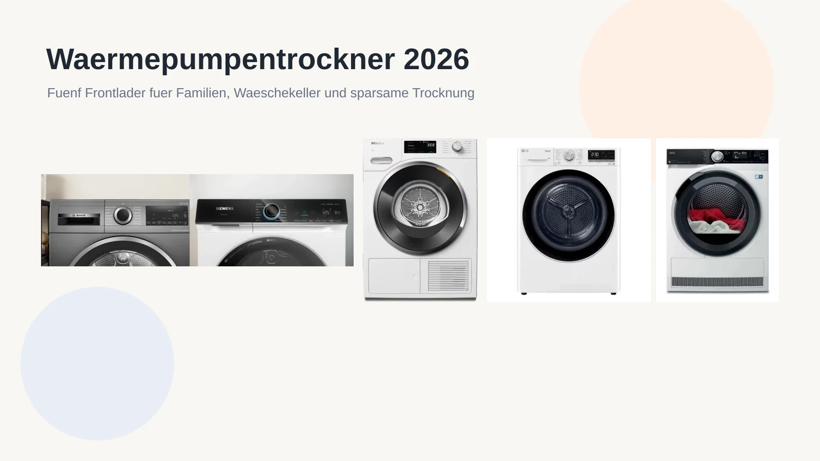 Fünf Wärmepumpentrockner als Produktcollage auf hellem Hintergrund